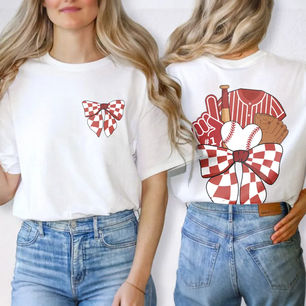Baseball Jersey, Baseball, Baseball Glove, Baseball Bat, Foam Finger, A White Heart, And A Red And White Checkerboard Bow Tie Combination Pattern, Casual T-Shirt.