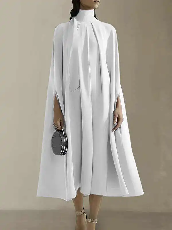 Simple Batwing Sleeves Lace-Up Solid Color High-Neck Midi Dresses