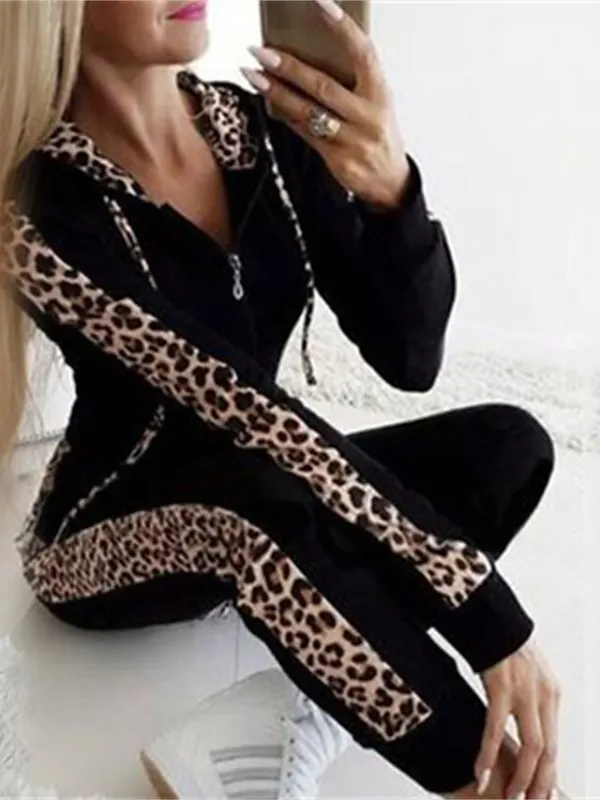 Women's Loungewear Sets Leopard Sport Casual Comfort Home Street Daily Polyester Breathable Hoodie Long Sleeve Hoodie Pant Spring Fall Black White