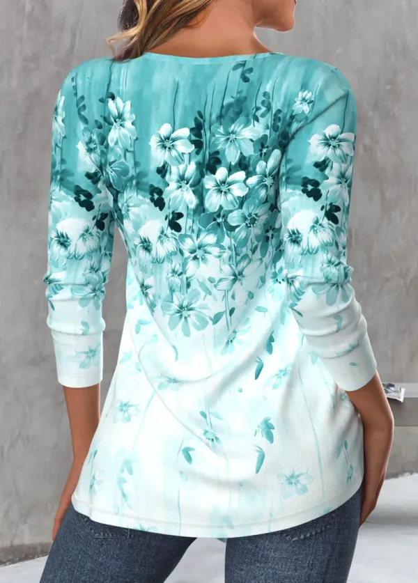 Mint Green Button Floral Print Long Sleeve T Shirt