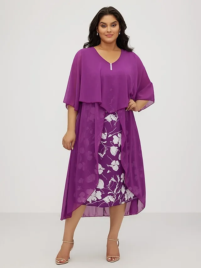 Women‘s Plus Size Curve Work Dress Floral V Neck Ruched 3/4 Length Sleeve Spring Summer Work Elegant Midi Dress  Layered Formal Vacation Dress Wedding Guest Dress