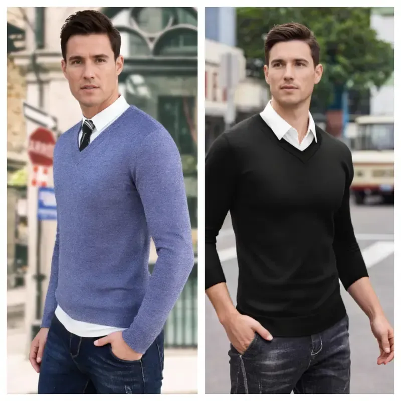Men's Ribbed V-neck Casual Knit Sweater