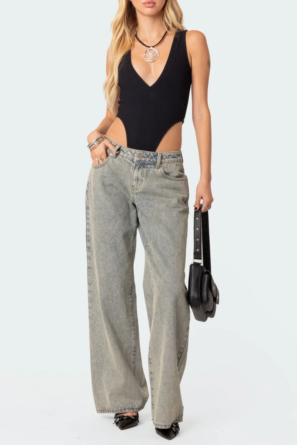 White High Cut Ribbed V Neck Bodysuit