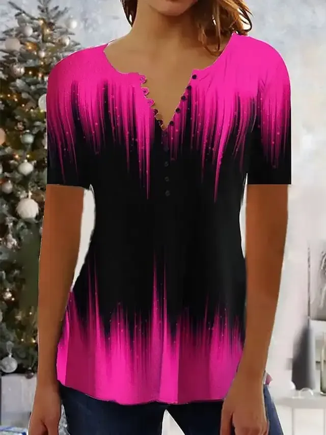 Women's Shirt Blouse White Blue Fuchsia Color Gradient Button Print Short Sleeve Casual Basic Round Neck Regular S