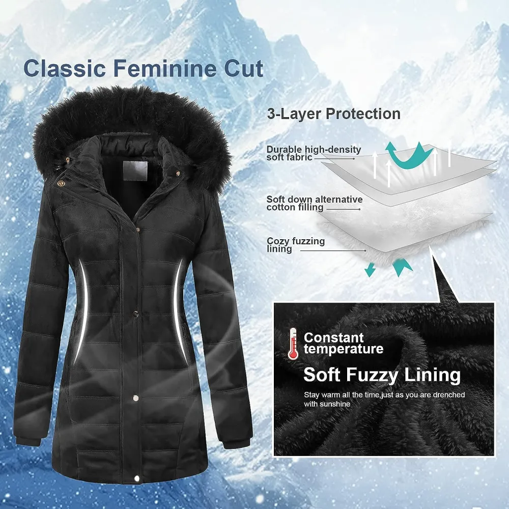 Women's Warm Winter Coat Velvet Puffer Jacket Quilted Faux Fur Hood