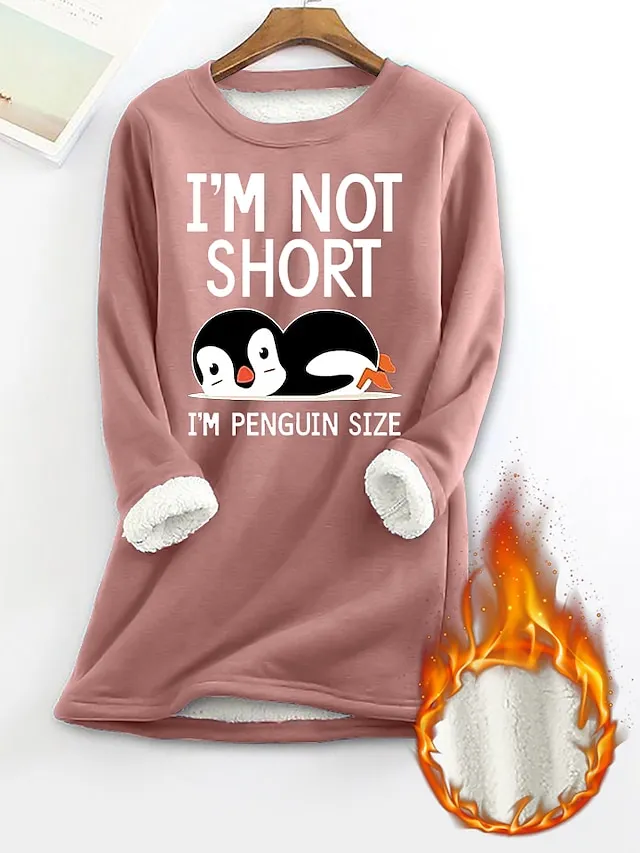 Women's Thermal Shirt Letter Penguin Warm Comfort Soft Home Daily Bed Fleece Warm Breathable Crew Neck Long Sleeve Fall Winter Black Pink