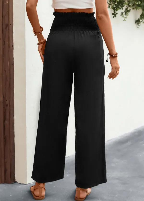 Black Button Regular Elastic Waist High Waisted Pants