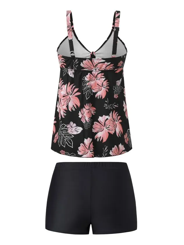 Vacation Floral Printing V Neck Tankinis Two-Piece Set