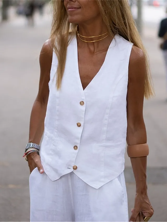 Women's Vest Daily Wear Vacation Going out Summer Spring Regular Coat V Neck Regular Fit Breathable Stylish Contemporary Modern Style Jacket Sleeveless Solid Color Oversize Black White Brown