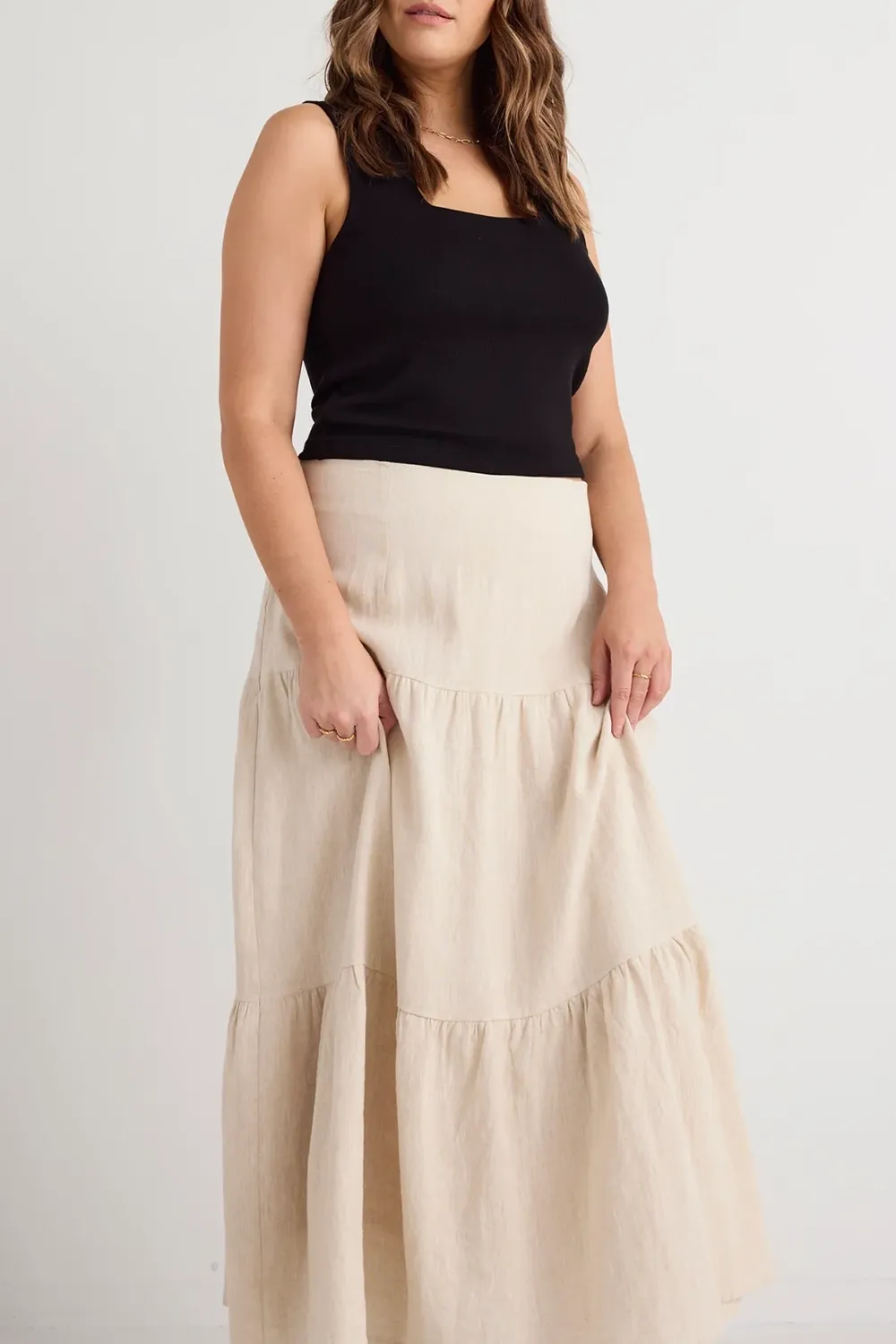 Tiered Linen Midi Skirt