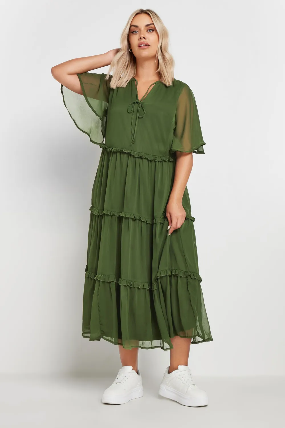 YOURS Curve Khaki Green Chiffon Tiered Midaxi Dress