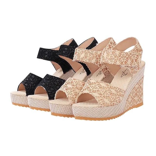 Women's Sandals Wedge Sandals Lace Wedge Heel Peep Toe Casual Polyester Mesh Magic Tape Black Beige