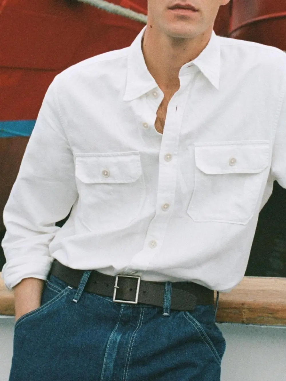 White Long Sleeve Double Pocket Shirt