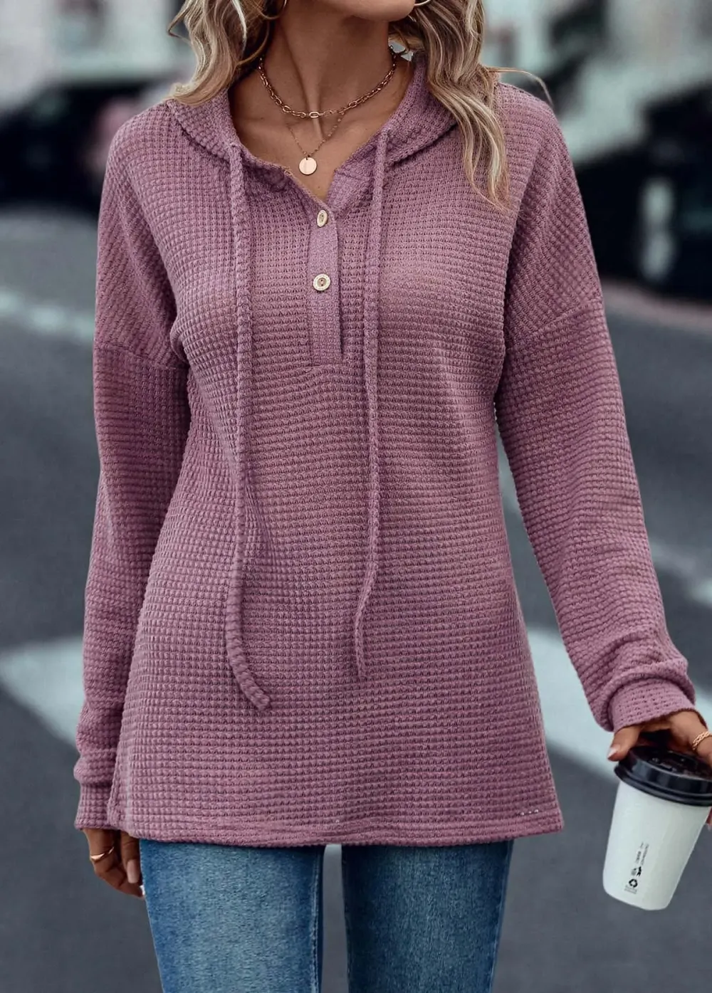 Dark Reddish Purple Drawstring Long Sleeve Hoodie