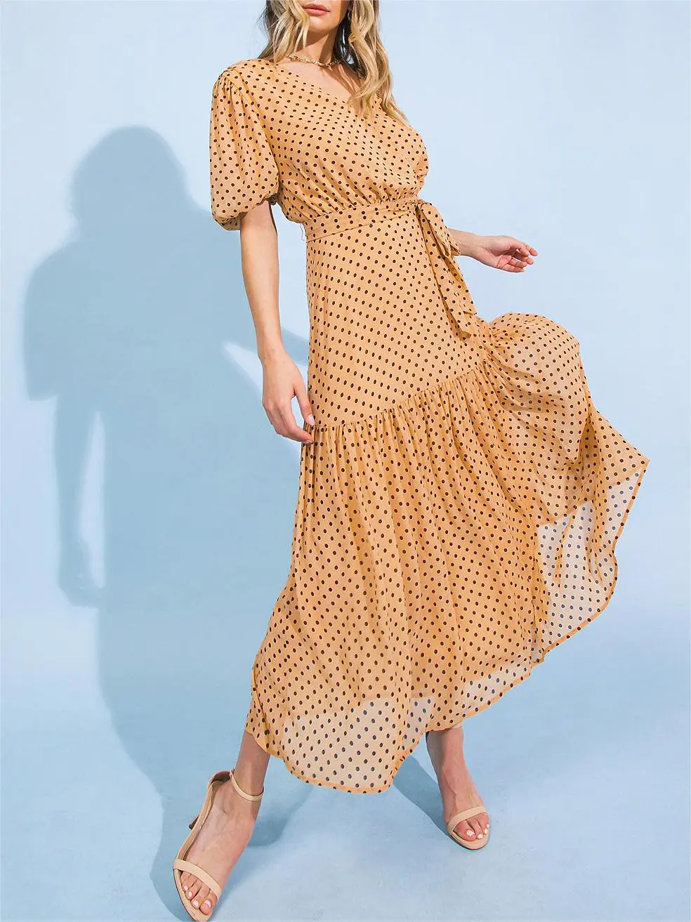 Tan Polka - Dot Wrap Midi Dress