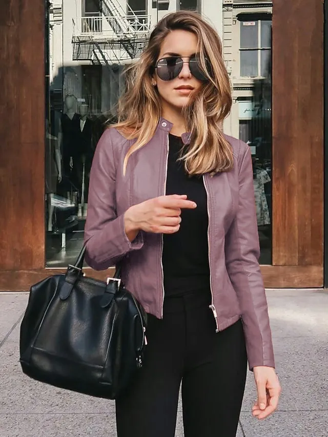 Women's Faux Leather Jacket Clean Fit Faux Motorcycle Moto Biker Coat Plus Size Short Zipper Jacket Light Pink Navy Wine Red ArmyGreen  Chic & Modern Street Fall Collarless Slim Fit S M L XL XXL XXXL