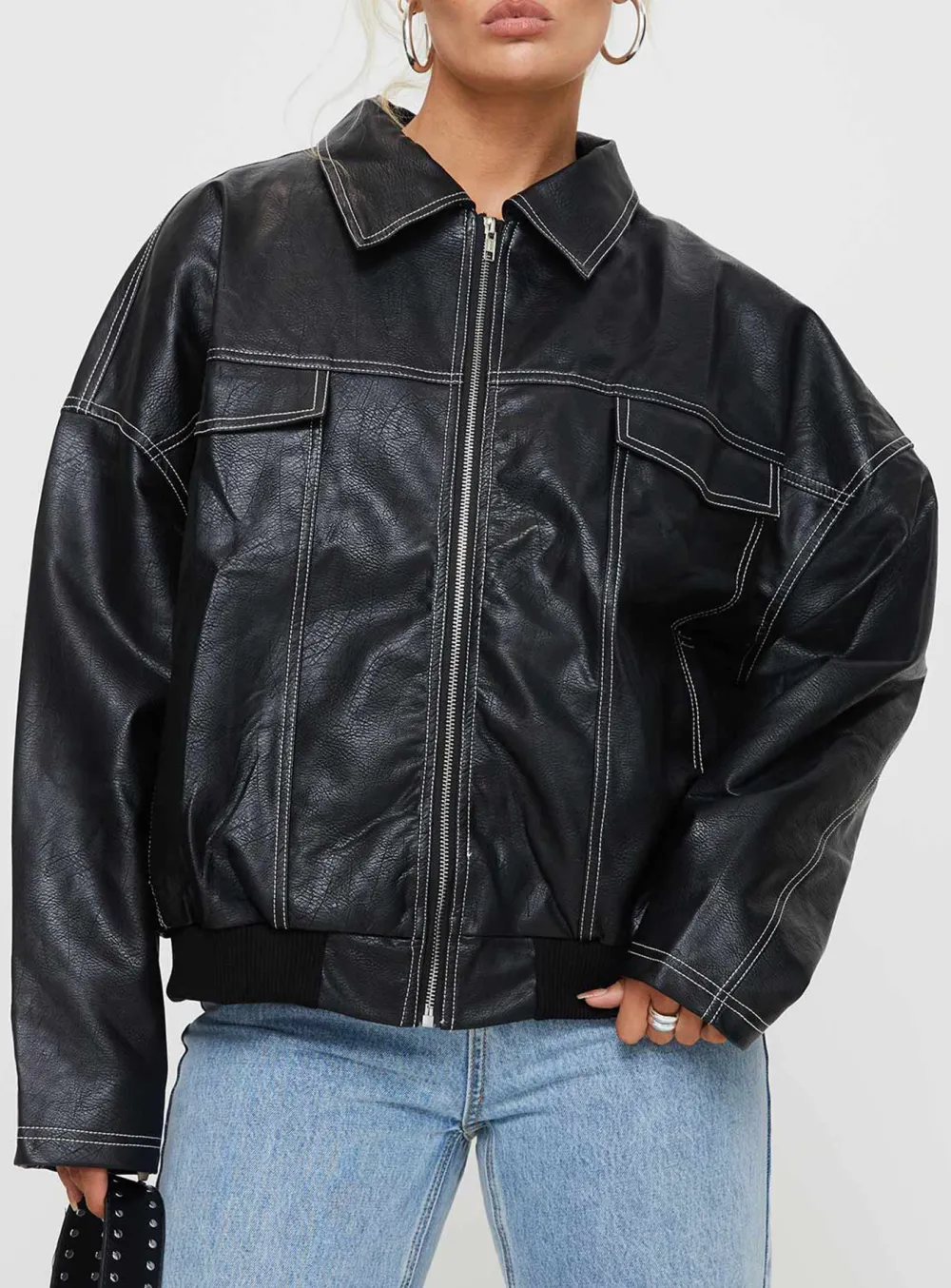 Contrast Stitch Pu Biker Jacket