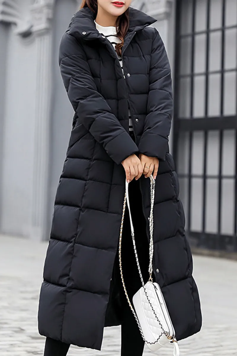 Hooded Fur Collar Belt Plain Coat