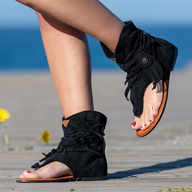 Women's Sandals Flat Sandals Gladiator Sandals Roman Sandals Outdoor Daily Beach Summer Lace-up Flat Heel Open Toe Vintage Casual Canvas Synthetics Loafer Solid Color Solid Colored Black Yellow Brown