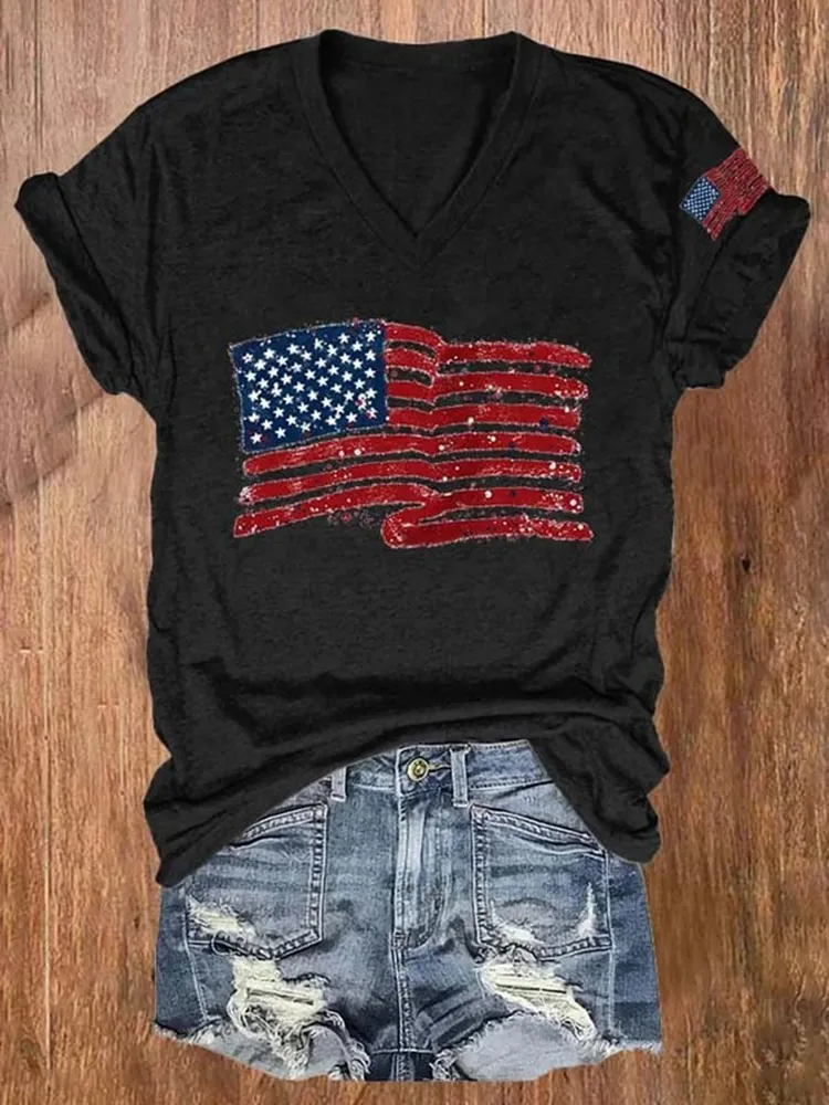 Women'S National Flag Pattern Print Short-Sleeved T-Shirt