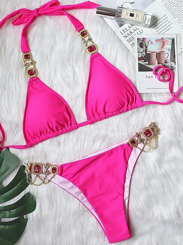 Women's Swimwear Bikini 2 Piece Normal Swimsuit Glitter Solid Color Black White Yellow Red Blue Plunge Bathing Suits Sexy Vacation Fashion