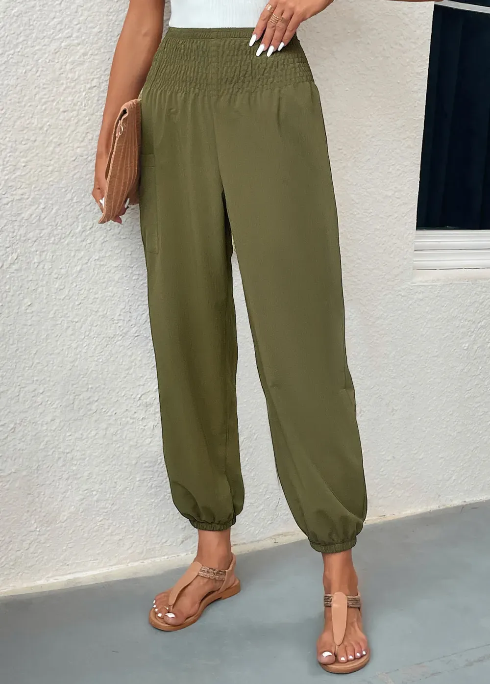 Blackish Green Smocked Regular Elastic Waist Pants