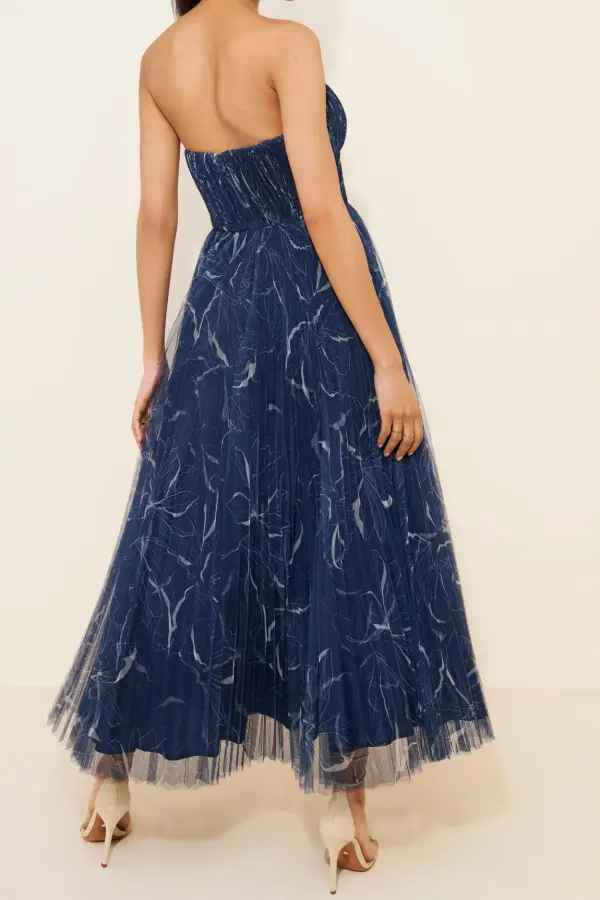 Pleated Strapless A-Line Maxi Dress