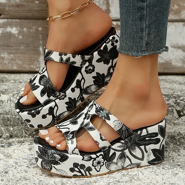 Women's Sandals Slippers Wedge Sandals Platform Sandals Plus Size Daily Beach Summer Platform Wedge Heel Open Toe Vintage Casual Faux Leather Loafer Color Block Black / White Snake pattern Black