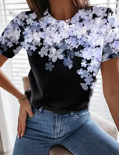 Crew Neck Floral Casual T-Shirt/Tee