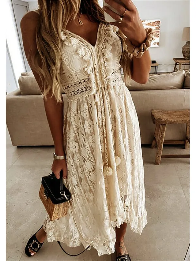 Women's Party Dress Lace Dress Casual Dress Holiday Dress Long Dress Maxi Dress White Beige Sleeveless Print Lace Summer Spring V Neck Basic