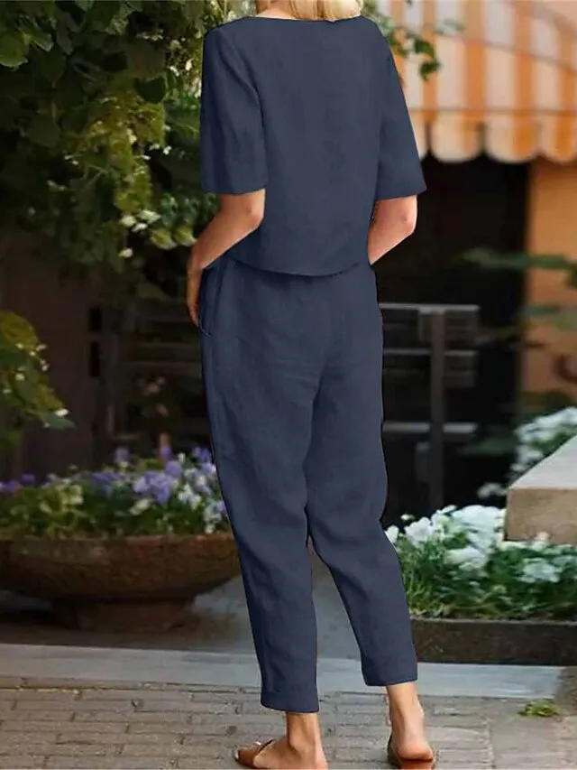 Women's Loungewear Sets Pure Color Fashion Simple Casual Street Date Airport Cotton And Linen Breathable Crew Neck Half Sleeve T shirt Tee Pant Pocket Summer Spring Army Green Orange