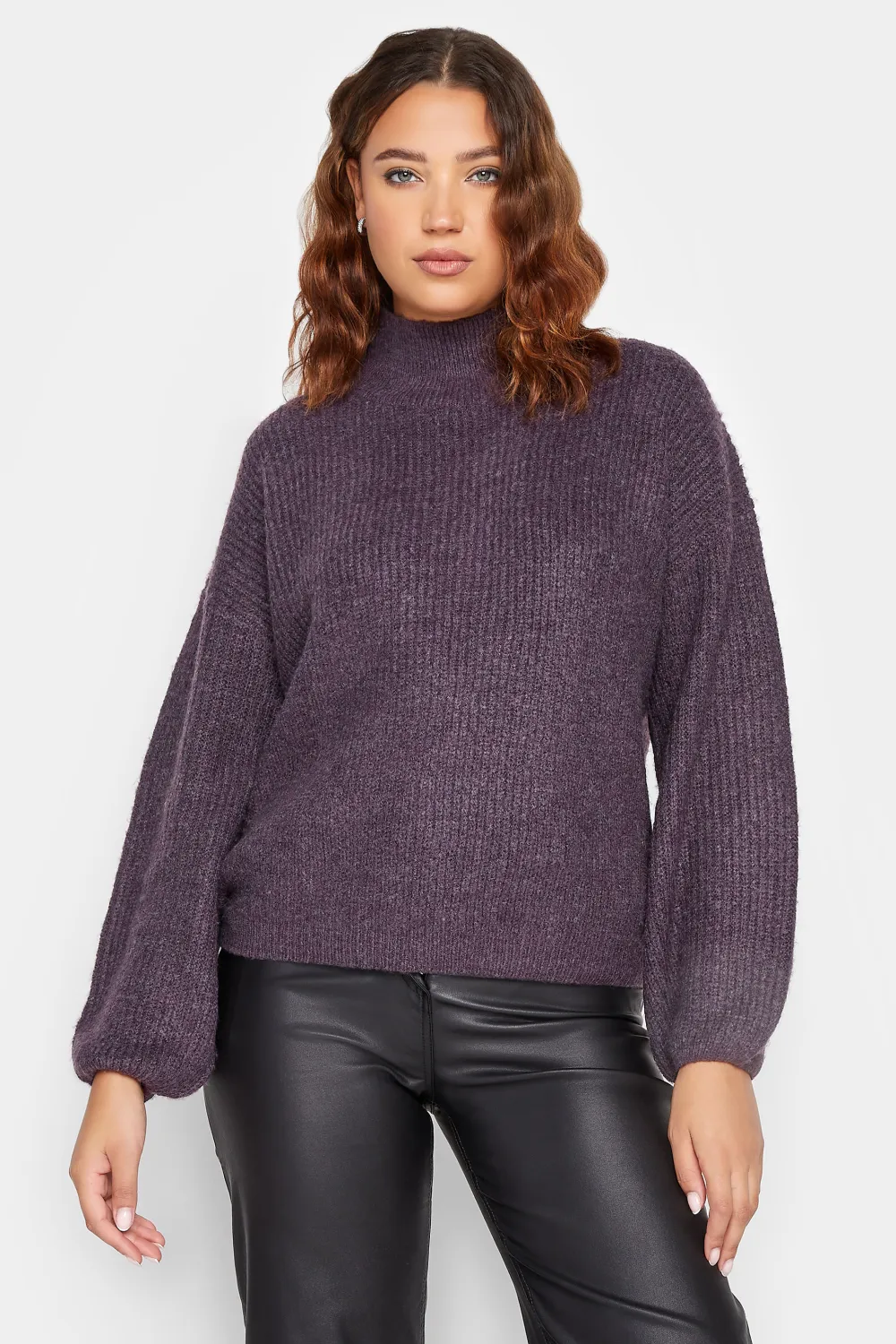 LTS Tall Dark Purple Funnel Neck Knitted Jumper