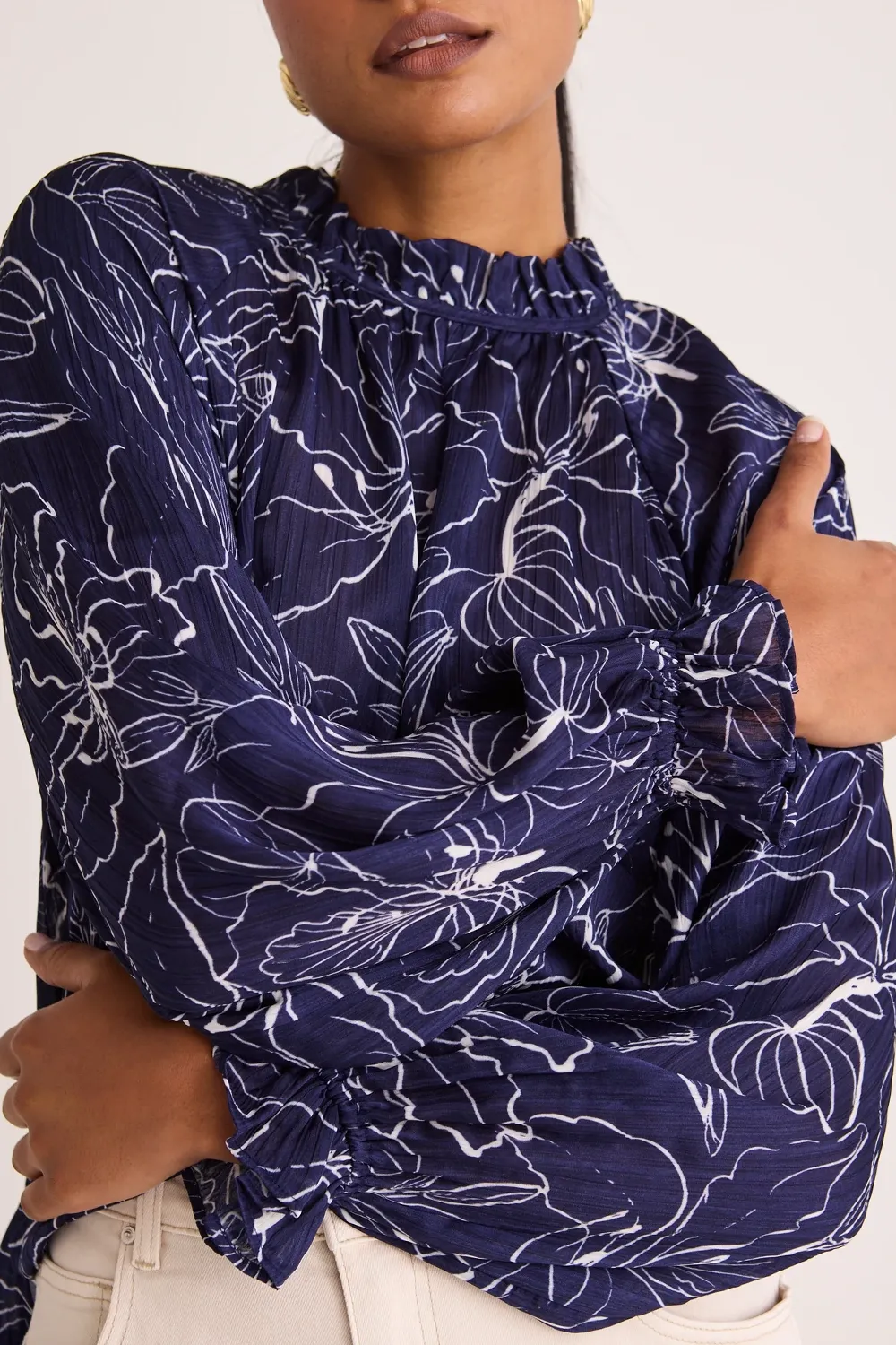 Blue Floral Print Long - Sleeve Top