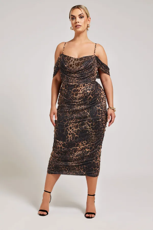 YOURS LONDON Curve Brown Leopard Print Cold Shoulder Dress