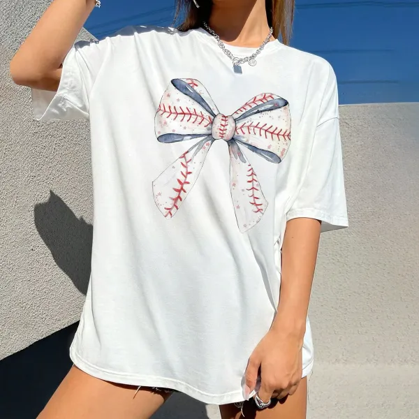 Bow Tie And Baseball Textured Stitching Combination Pattern, Casual T-Shirt.