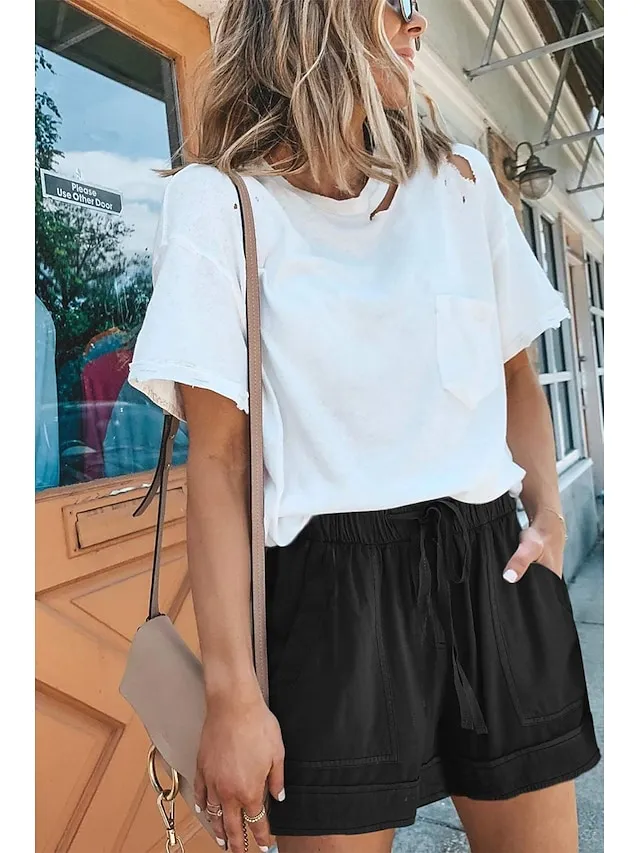 Women's Basic Essential Casual Shorts Wide Leg Baggy Pocket Short Daily Holiday Micro-elastic Simple Cotton Blend Lightweight Outdoor Mid Waist Light Blue Wine Red Pink ArmyGreen Orange & Red