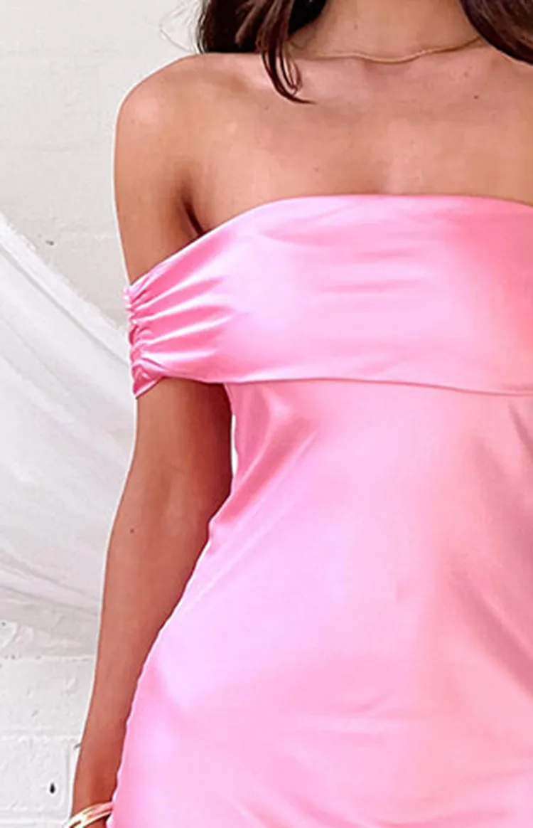 Off  Shoulder Pink Satin Maxi Dress