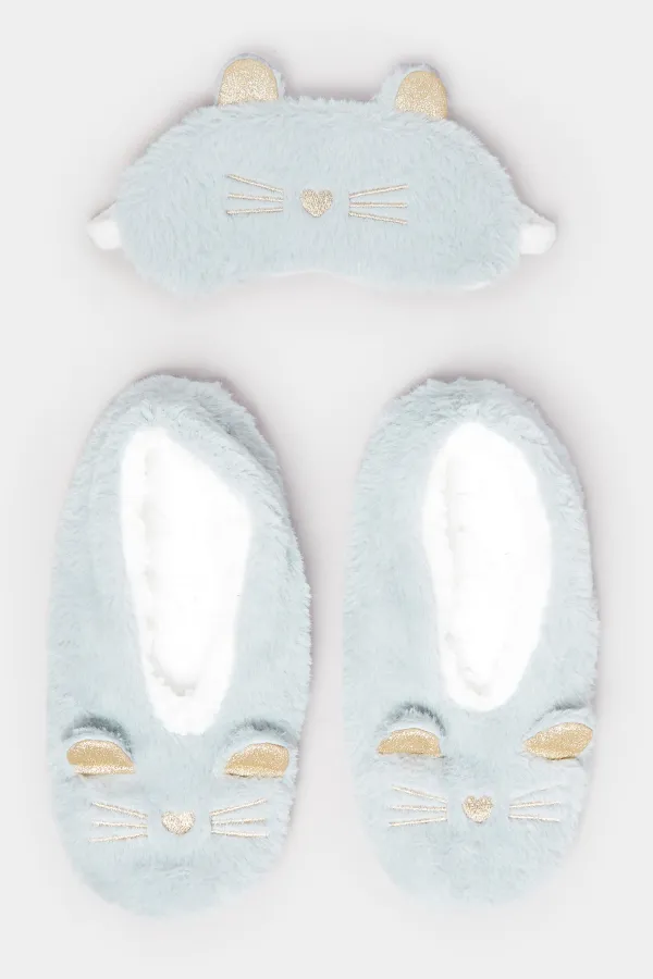 Grey Fluffy Cat Eye Mask & Slipper Set