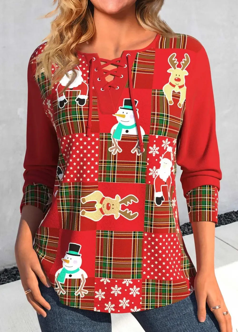 Red Patchwork Christmas Print Long Sleeve T Shirt