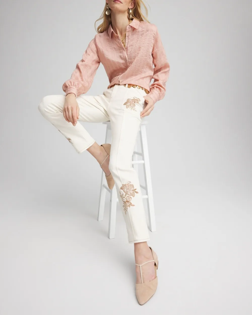 Embroidered White Denim Jeans