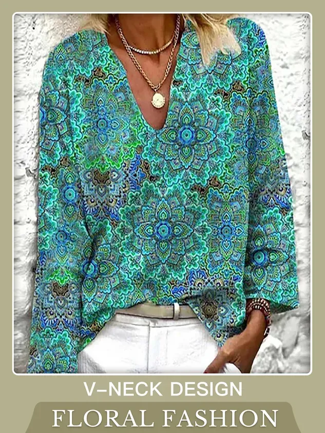 V Neck Floral Vacation Casual T-Shirt/Tee