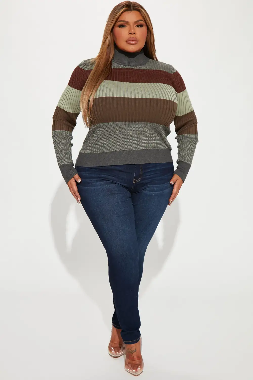 Kyra Mock Neck Ribbed Sweater - Grey/combo