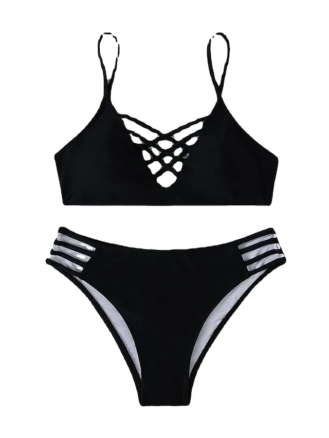 Women's Swimwear Bikini 2 Piece Normal Swimsuit Backless 2 Piece Sexy Hole Pure Color Black Strap Bathing Suits New Vacation Sexy