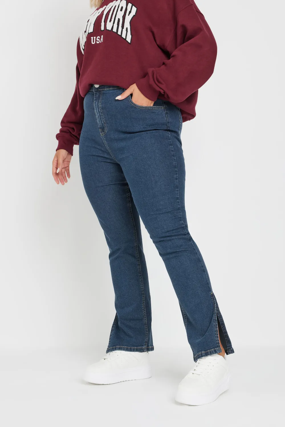 YOURS Curve Blue Side Split Stretch Straight Leg Jeans