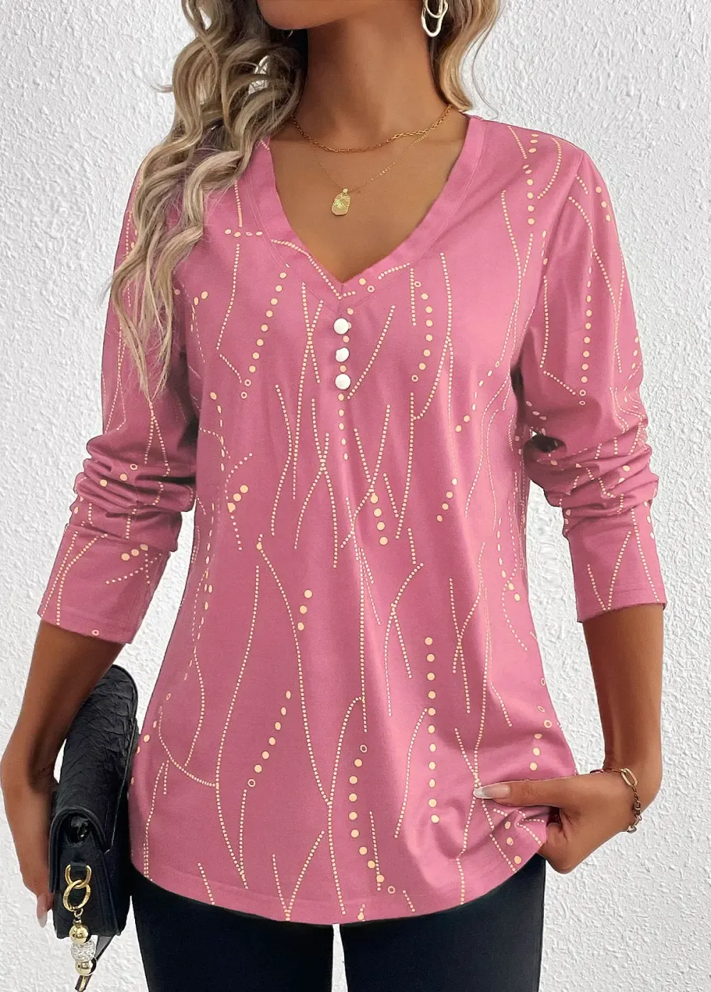 Pink Button Geometric Print Long Sleeve T Shirt