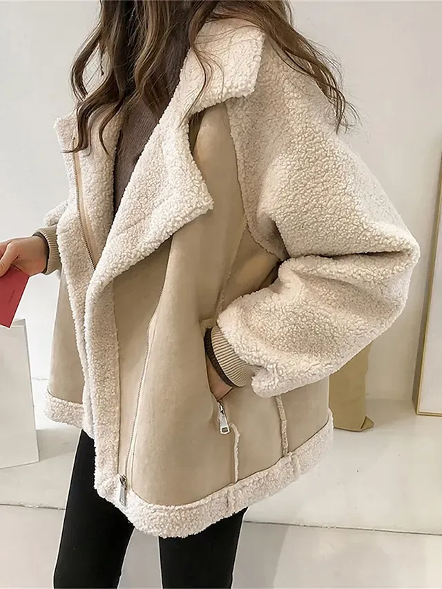 Women's Suede Sherpa Jacket Fall Fleece Shearling Jacket Winter Zipper Lapel Coat Windproof Warm Moto Biker Jacket Ice Cream Street Wear Button Modern Casual Outerwear Long Sleeve