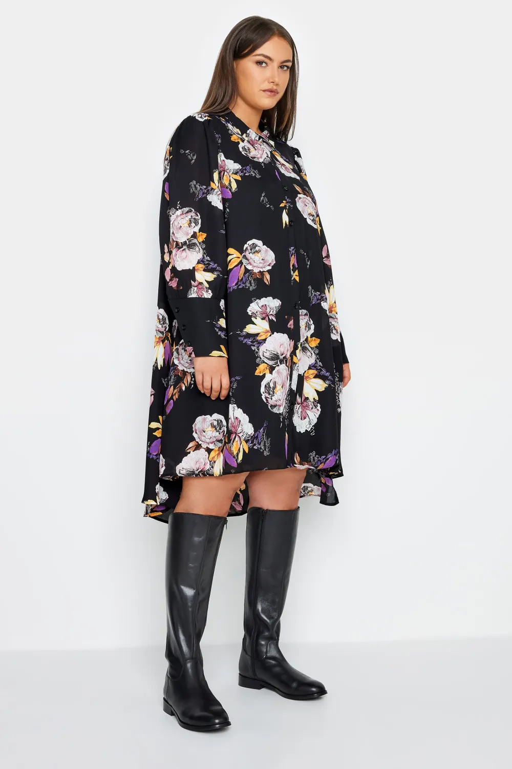 Evans Black Floral Print Shirt Dress