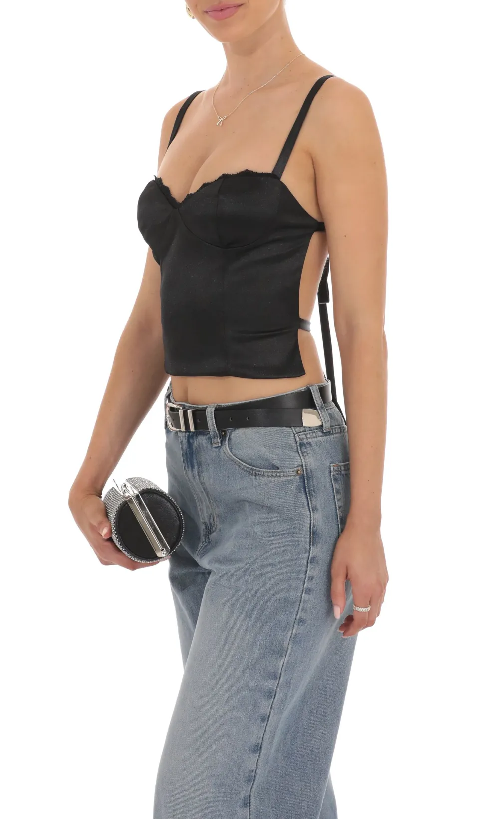 Satin Open Back Tie Top in Black