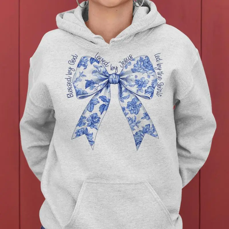 Blessed By God Loved By Jesus Blue Toile Coquette Bow Women Hoodie