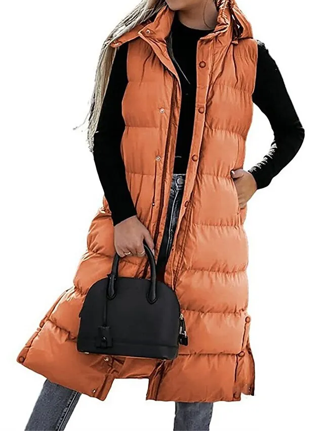 Women's Puffer Vest Long Winter Coat Sleeveless Hooded Jacket Thermal Warm Parka Windproof Gilet Zipper Outerwear Fall
